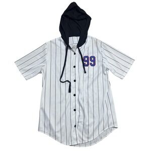 Space Jam Shirt Mens Medium White Pinstripe Hooded Button Front Tune Squad 99